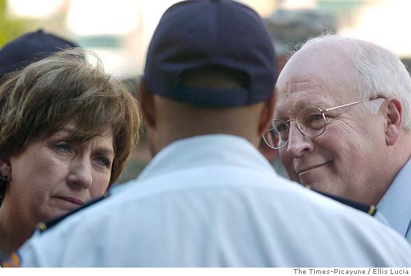 Louisiana Gov. Kathleen Blanco and Vice President Dick Cheney talk with NOPD Superintendent Eddie Compass at the command center at Harrah's Casino in New Orleans, La., Thursday. Associated Press photo by Ellis Lucia